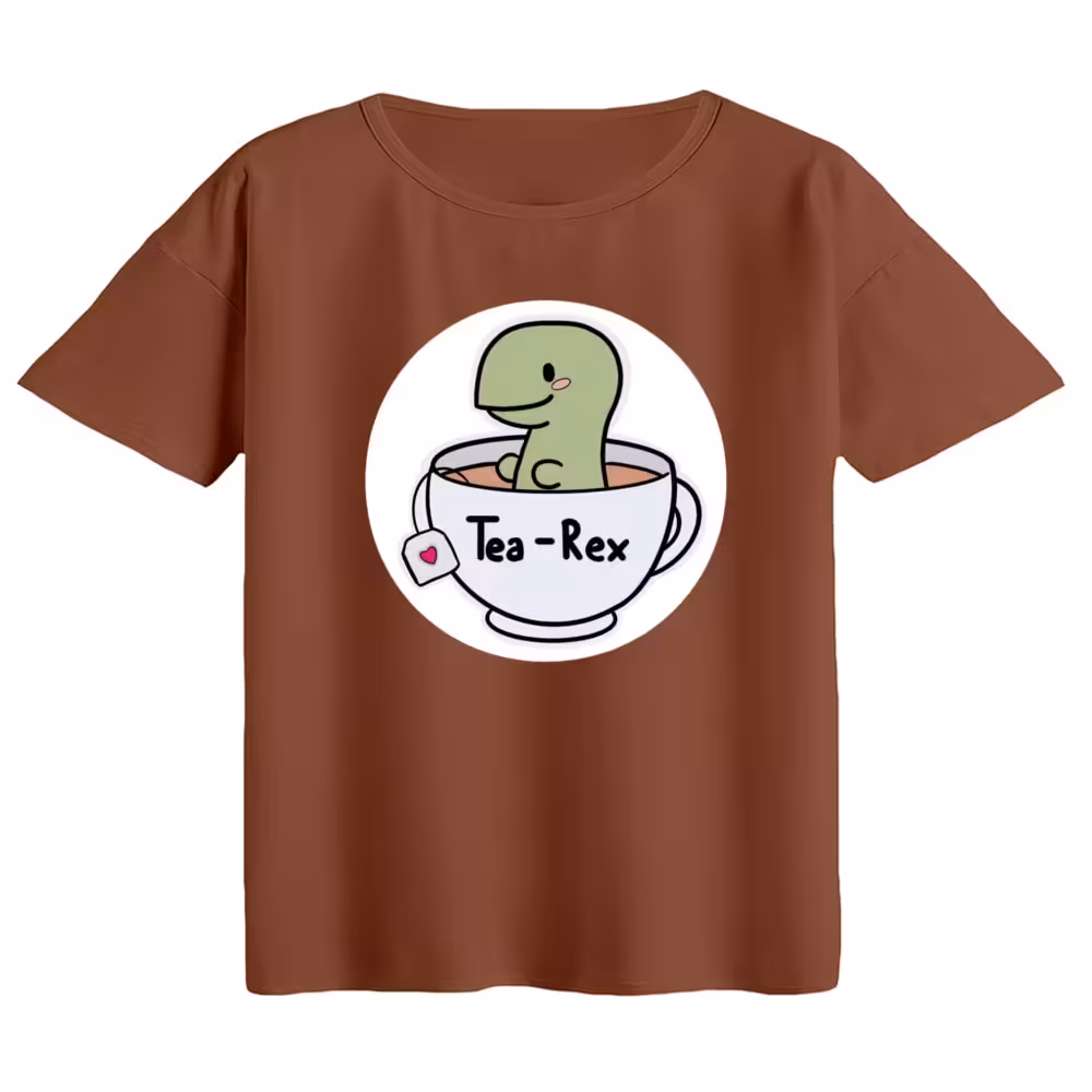 تی‌شرت  اورسایز آستین کوتاه زنانه مدل باکسی طرح دایناسور و چای رنگ دارچینی