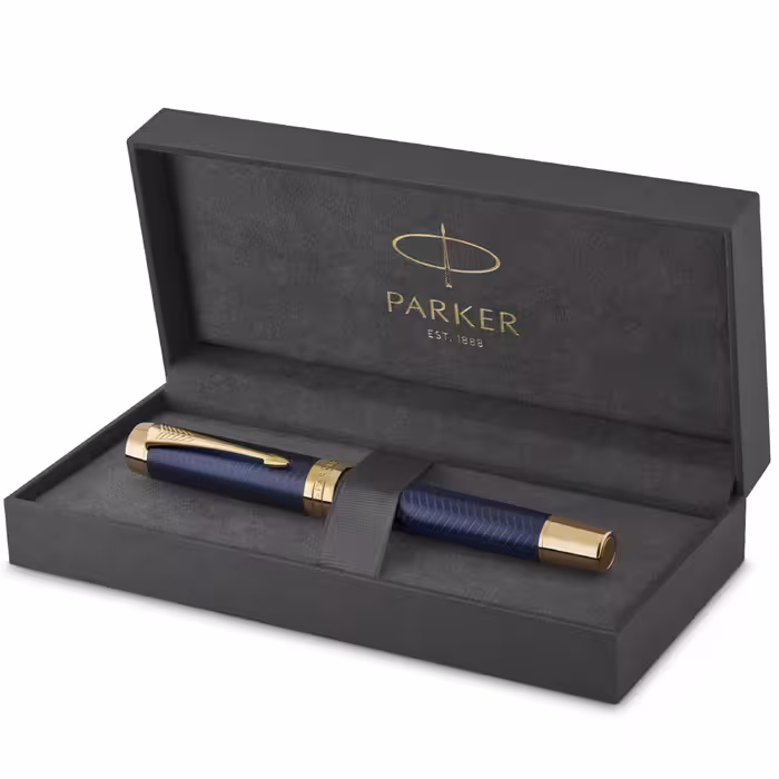 خودنویس Paker Duofold Prestige مدل Blue Chevron با طراحی طلایی، نوک ظریف، جوهر مشکی