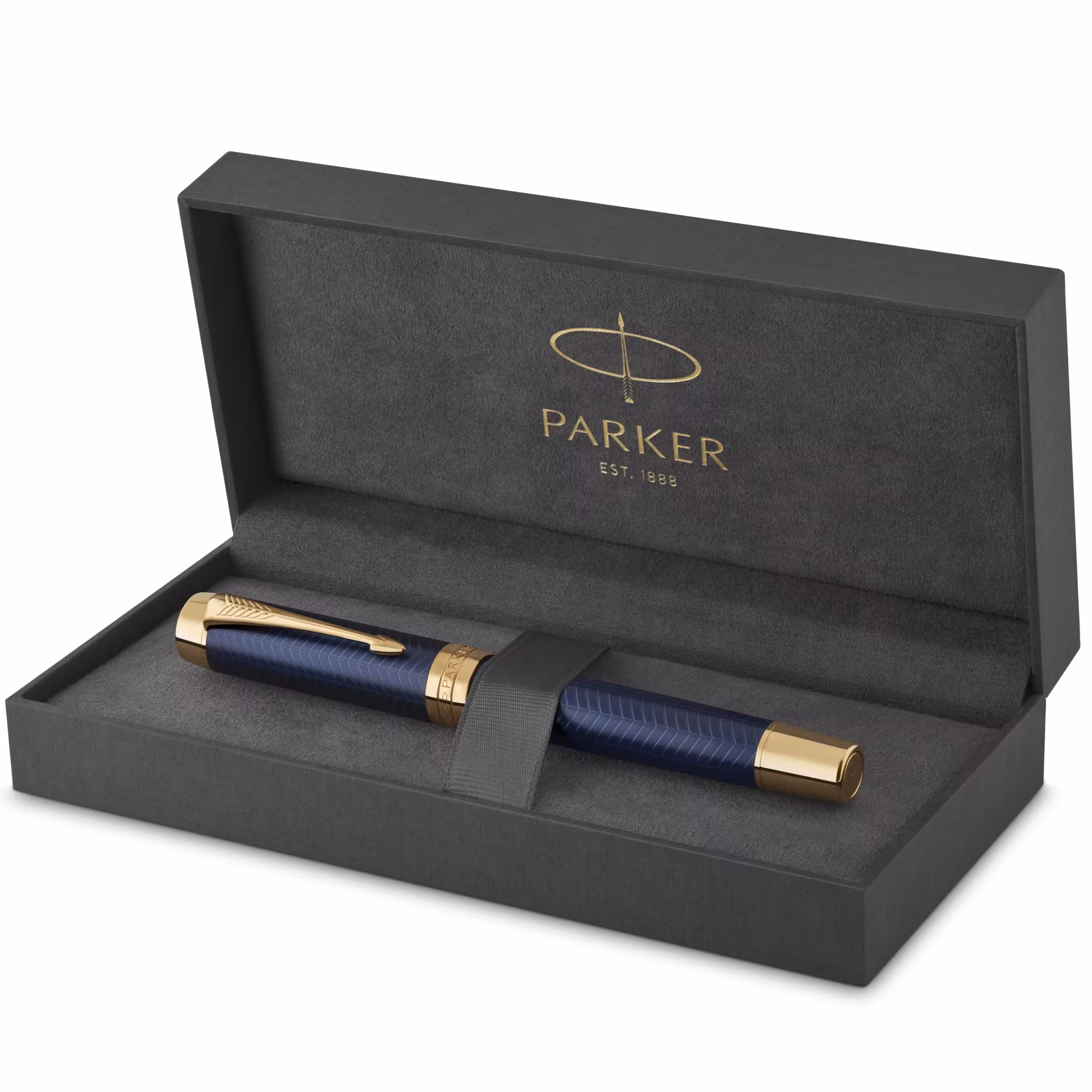 خودنویس Paker Duofold Prestige مدل Blue Chevron با طراحی طلایی، نوک ظریف، جوهر مشکی