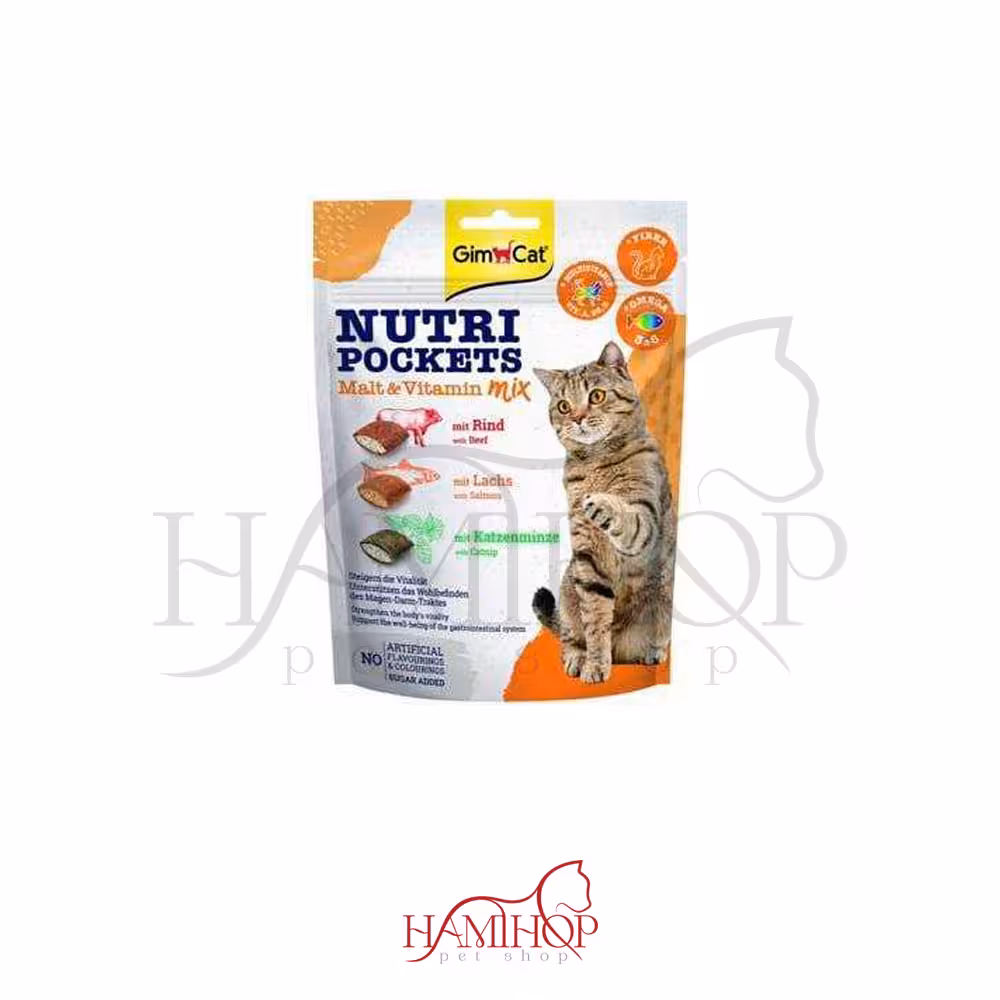 تشویقی نوتری جیمکت مدل میکس بیف و سالمون و کت نیپ Gimcat Nuti Pockets Malt-Vitamin Mix 150g