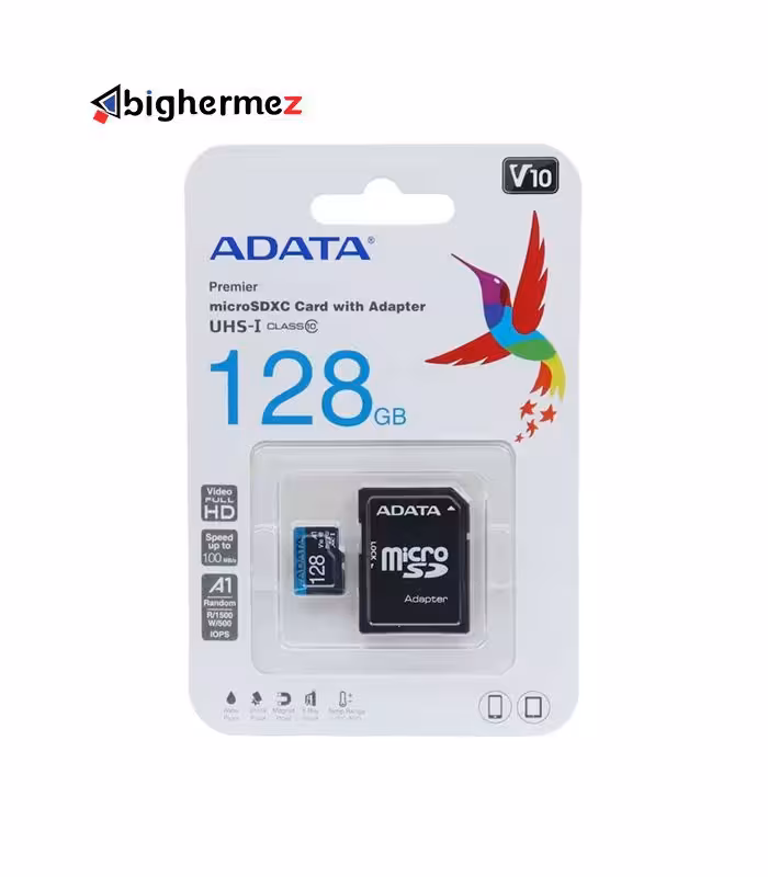 کارت حافظه microSDXC ای دیتا مدل Premier V10 A1 کلاس 10 استاندارد UHS-I سرعت 100MBps ظرفیت 128 گیگابایت
