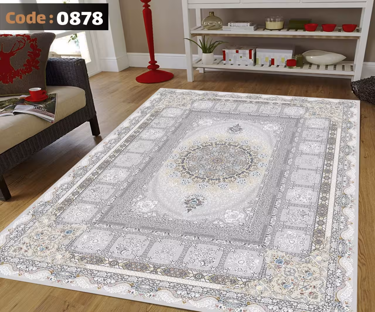 کاورفرش روفرشی دورکشدار گوشه لیفه ای طوسی کرم کد 0878