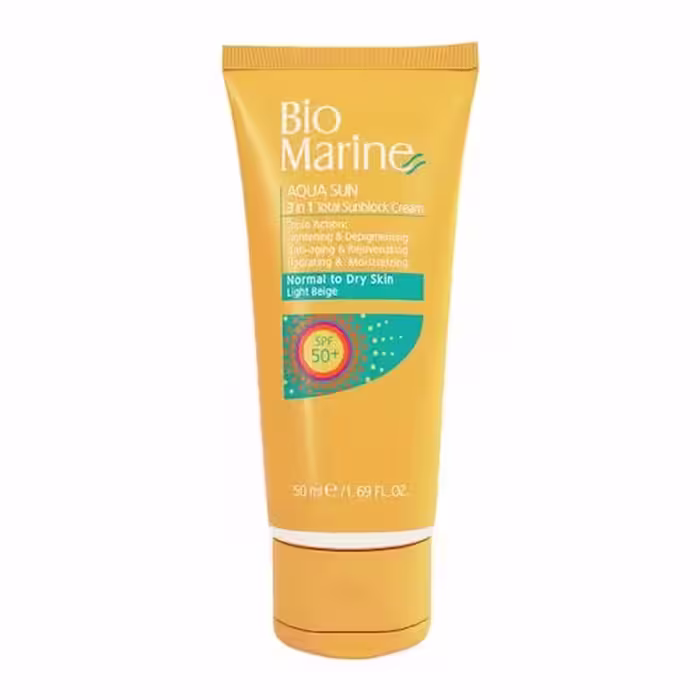 کرم ضد آفتاب روشن کننده و ضدچروک با 50spf مناسب برای پوست های معمولی و خشک بایومارین حجم 50 میل AQUA SUN 3 IN1 Total Sunblock Cream spf 50 BIOMARINE
