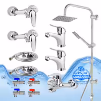 ست 12 عددی شیرآلات برند آیدا صنعت مدل قهرمان اردکی | دو عدد شیر روشویی   شیر حمام   شیر توالت   علم دوش صفحه استیل   دو عدد شلنگ توالت   چهار عدد شیر پیسوار | کروم براق