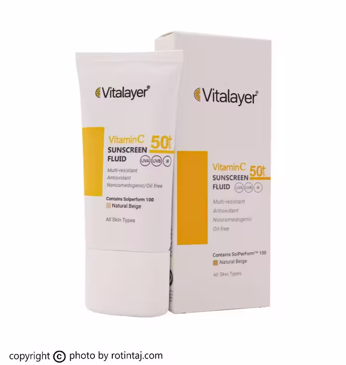 فلوئید ضد آفتاب ویتامین سی بژ طبیعی SPF50 ویتالیر،‌ فلوئید ضدافتاب انواع پوست بژ طبیعی Vitamin C ویتالیر 50 میلی