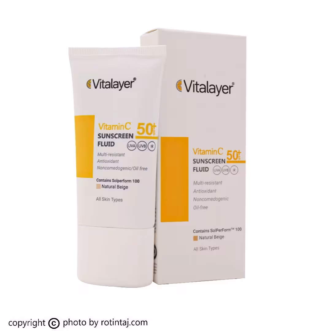 فلوئید ضد آفتاب ویتامین سی بژ طبیعی SPF50 ویتالیر،‌ فلوئید ضدافتاب انواع پوست بژ طبیعی Vitamin C ویتالیر 50 میلی