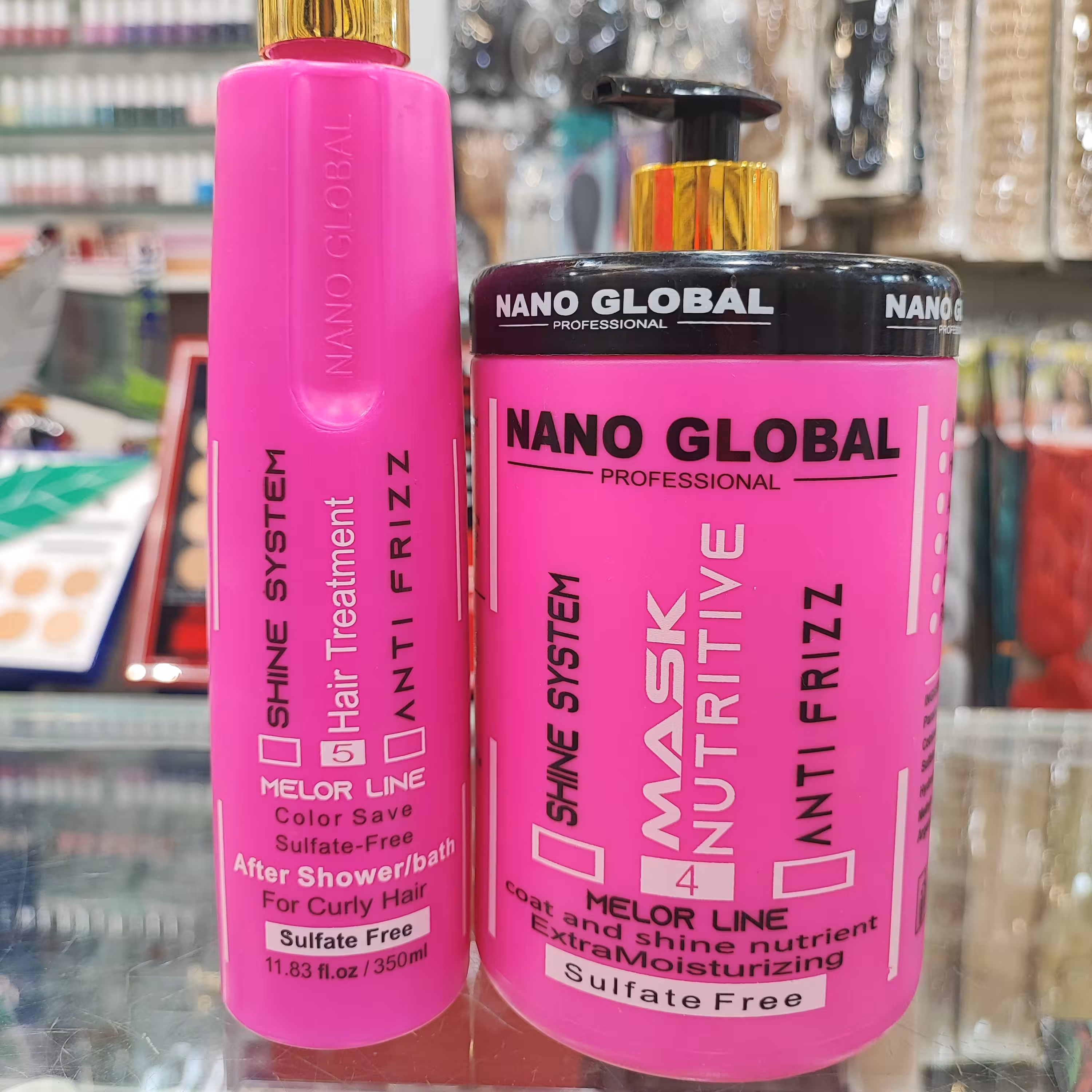 پک ماسک مو داخل و بعد حمام بدون سولفات برند نانو گلوبال صورتی مخصوص موهای فر