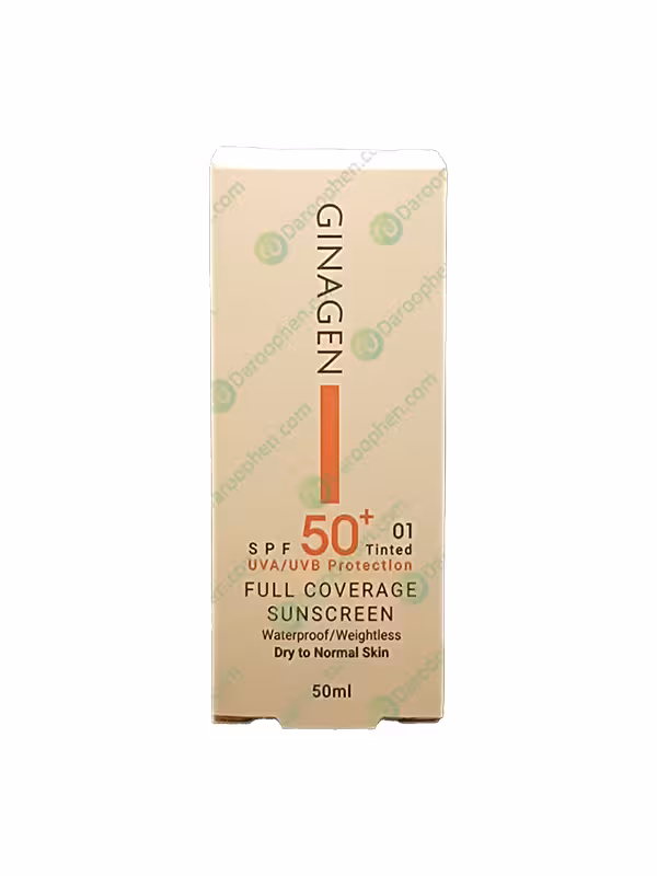 کرم ضدآفتاب رنگی 01 ژیناژن برای پوست خشک و نرمال  – Ginagen Full Coverage Sunscreen 01 Tinted SPF 50 Combination for Dry Skin