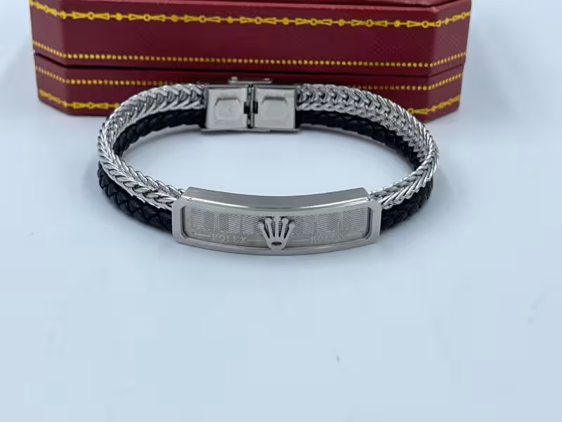 دستبند چرم رولکس مشکی نقره ای