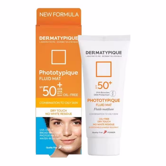 ضد آفتاب بی رنگ فلوئید، مات کننده، مناسب پوست چرب، SPF50، برند درماتیپیک