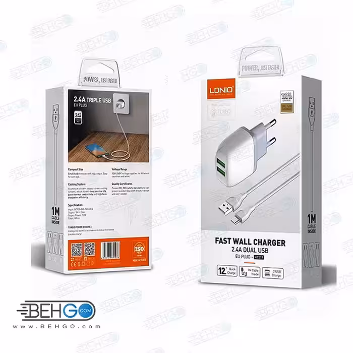 شارژر دیواری LDNIO الدینیو مدل A2219 همراه کابل آیفون لایتنینگ اصلی