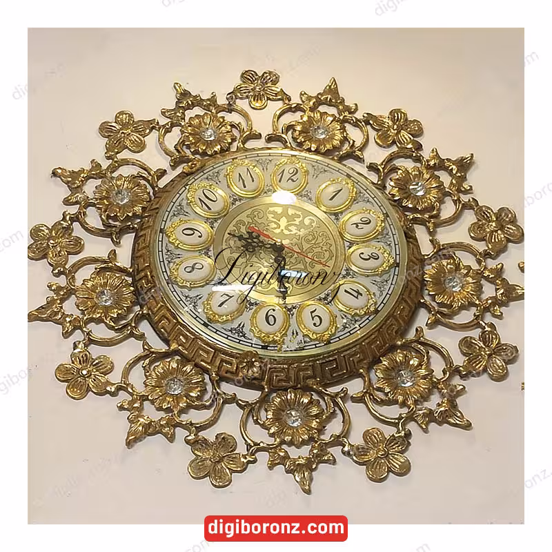 ساعت برنجی برنزی گرد مدل گل نگین دار کوچک