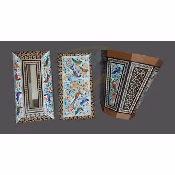 ست سه تیکه جا دستمال، جاکاردی و سطل خاتم کاری مدل گل و مرغ