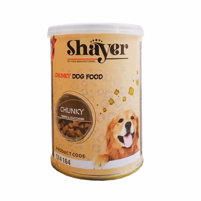 کنسرو چانکی سگ شایر با طعم سیرابی و کدو سبز وزن 400 گرم