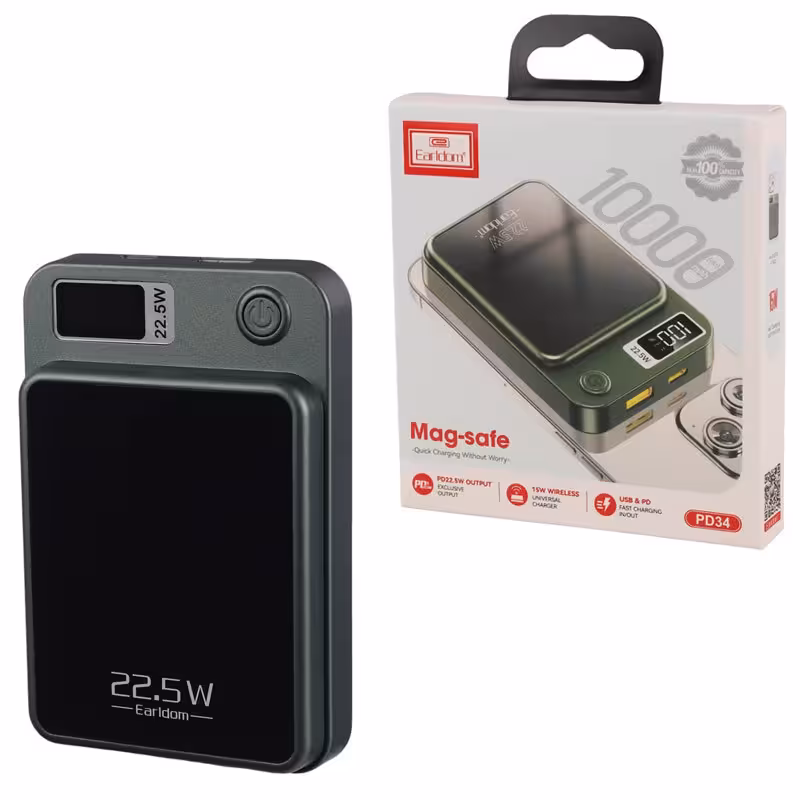پاور بانک بی سیم فست شارژ ارلدام ET-PD34 PD 20W ظرفیت 10000 میلی آمپر ساعت