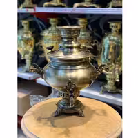 سماور زغالی برنجی، 6 لیتری مدل عدسی، با دسته دو شاخ، آنتیک شده سفارشی