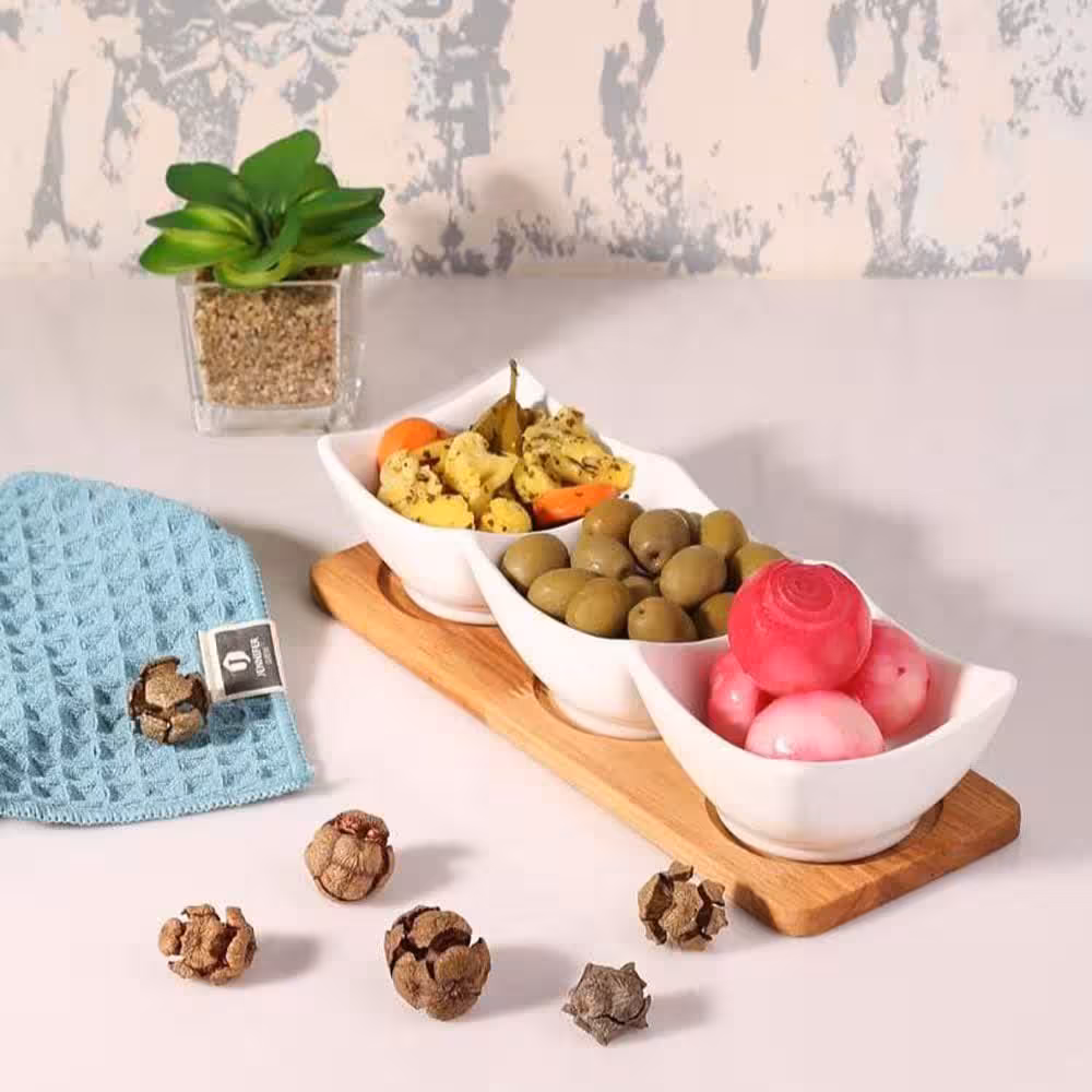 اردوخوری 3 خانه مربع سرامیکی با سینی چوبی VENTI کد 1002 