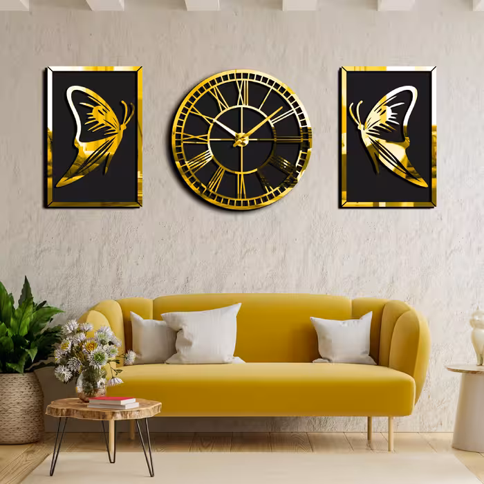 ساعت دیواری اِلِنسی مدل پروانه به همراه تابلو