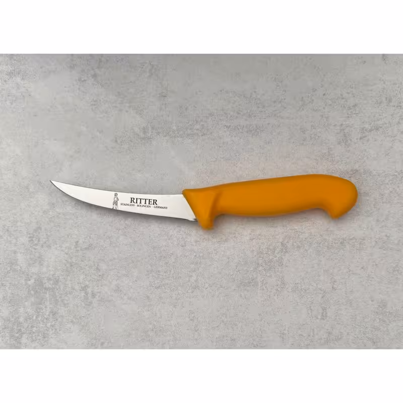 چاقوی چربی‌گیری حرفه‌ای Ritter | برند زولینگن (Solingen) | ساخت آلمان | تیغه فولادی ضدزنگ 13 سانتی‌متری | رنگ زرد | طراحی ارگونومیک | مناسب برای قصابی، کشتارگاه و آشپزخانه صنعتی | مناسب برای جدا کردن چربی گوشت