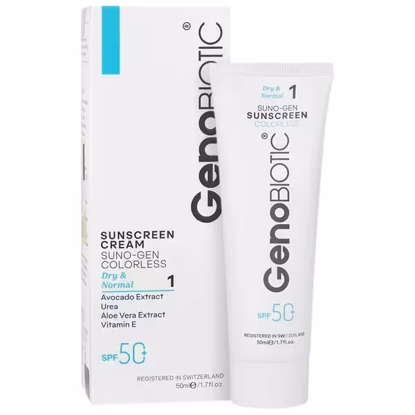 کرم ضدآفتاب بی رنگ SPF50 مناسب پوست خشک و معمولی ژنوبایوتیک 50 میلی‌لیتر GenoBiotic
