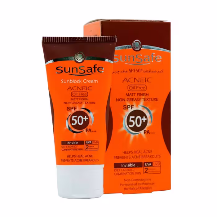 کرم ضد آفتاب فاقد چربی سان سیف آنتی آکنه SPF50 حجم 50گرم | Sun Safe Acneic Sunblock Cream SPF50