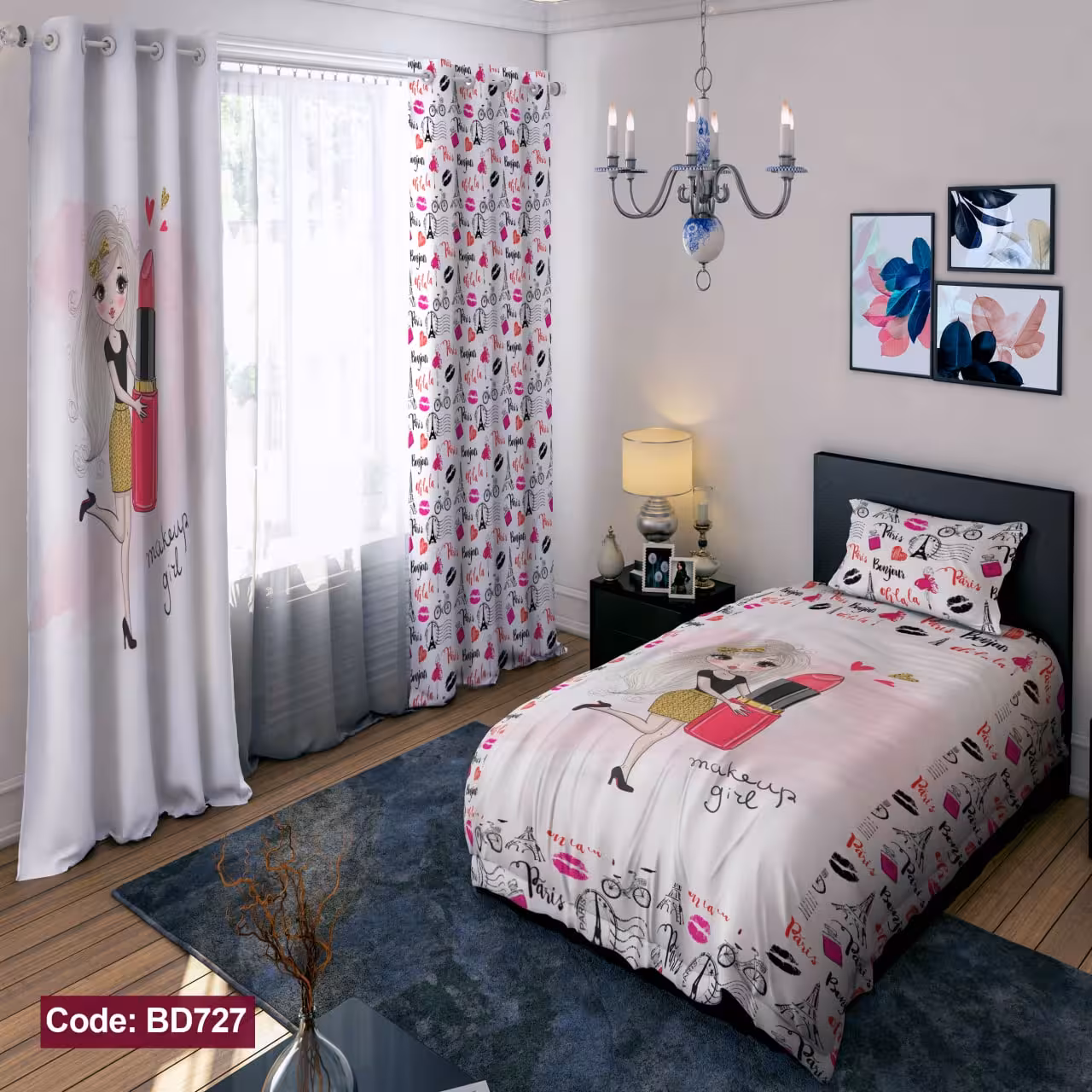 پرده پانچی مخمل چاپی دخترانه کد 727