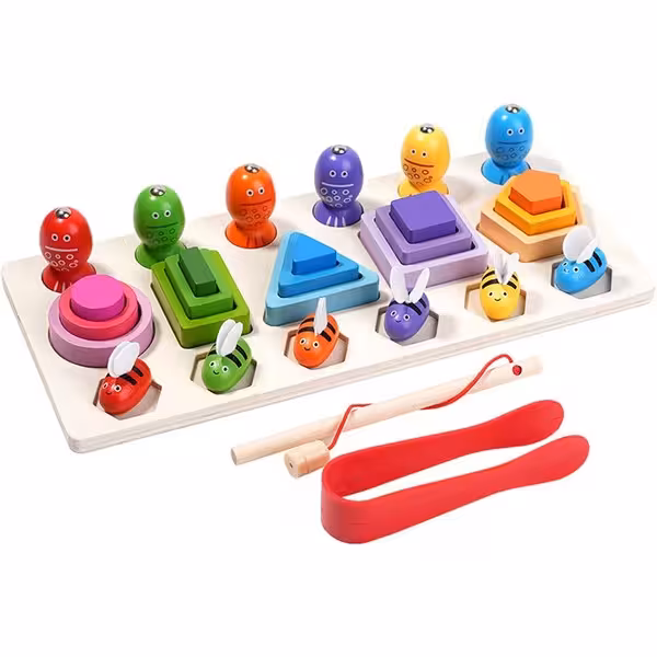 بازی فکری پایه اشکال مونته سوری 5 ستون ماهیگیری و زنبور چوبی Bee fishing tower game - کتاب‌فروشی کوچه کتاب