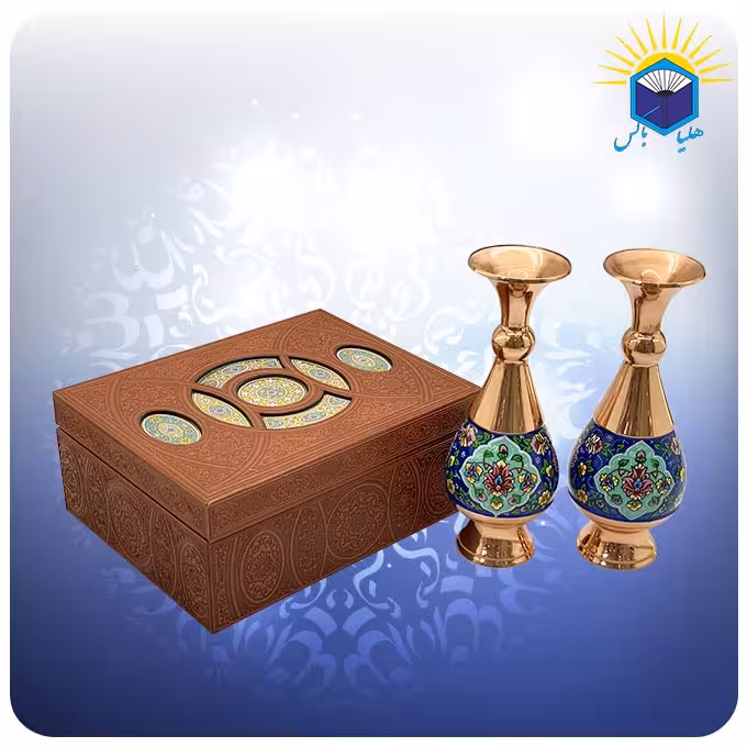ست دو گلدان صراحی مس و پرداز 20 سانت با جعبه  ام دی اف چرمی