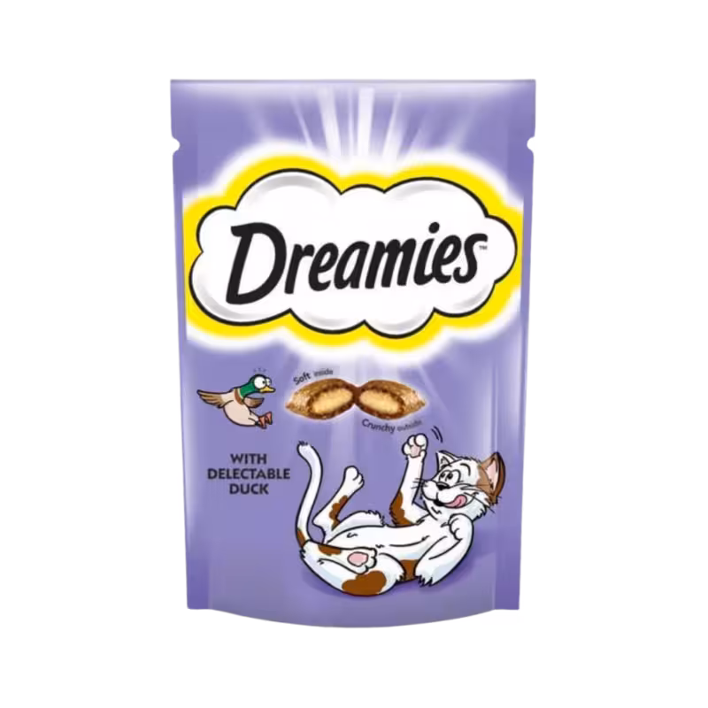 تشویقی گربه با طعم اردک برند dreamies دریمیز 60 گرمی