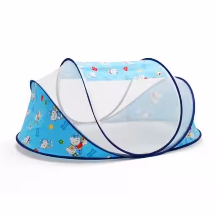 پشه بند کودک سه فنره طرح کمپ جعبه ای ( BABYS WORLD ) آبی