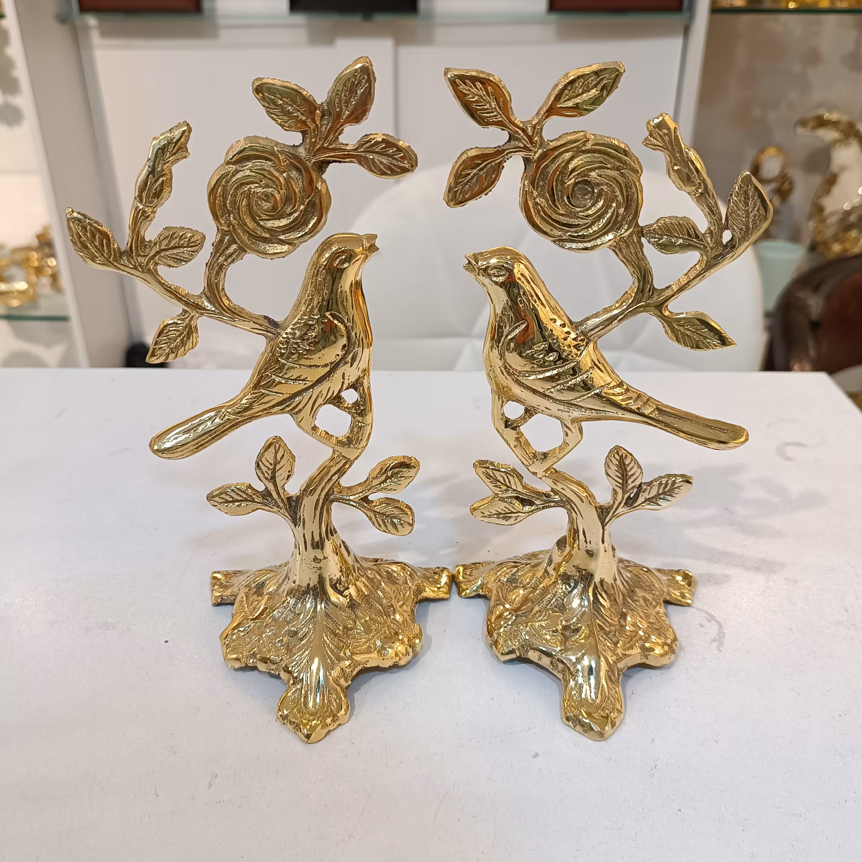 تندیس گل و بلبل برنجی (برنز) یک طرفه پایه سنگین  دوتایی کیفیت درجه یک گالری رز