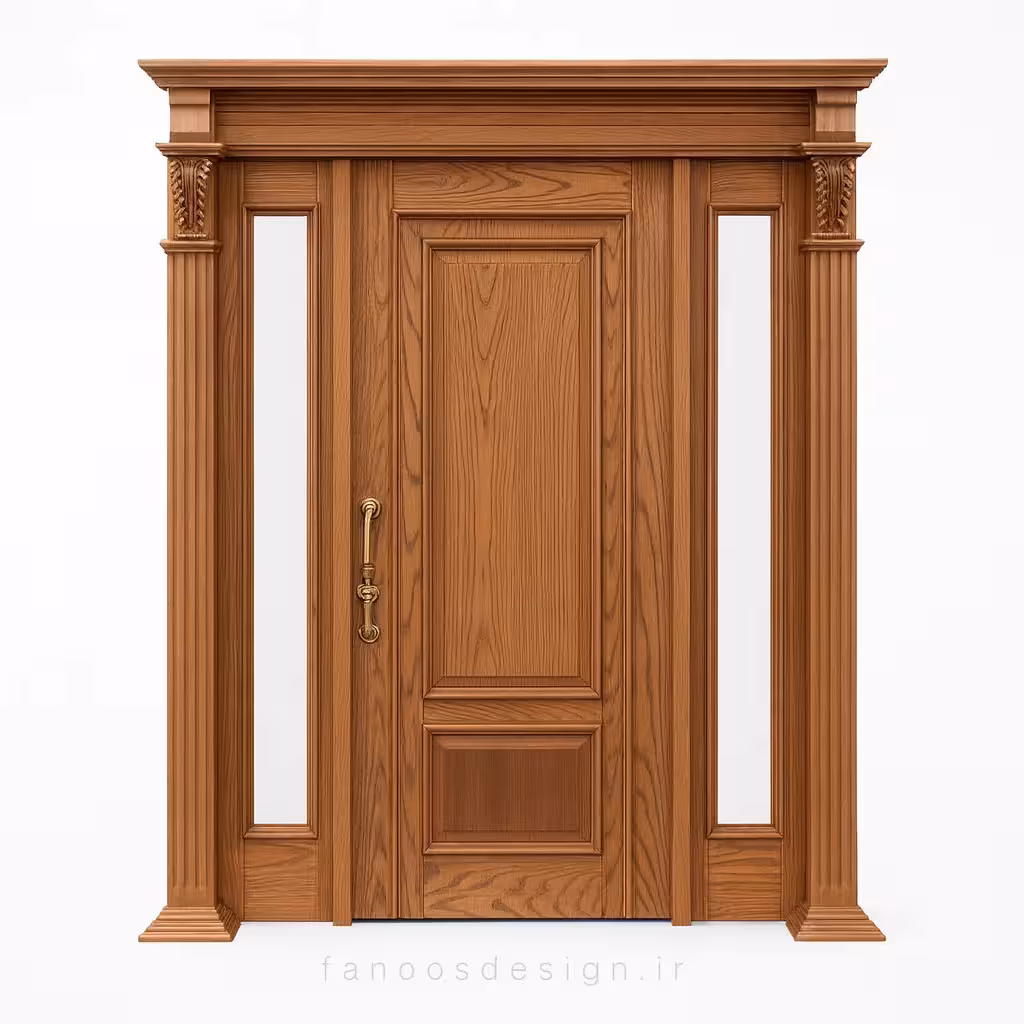درب چوبی کلاسیک با ستون و شیشه کناری کد 30230