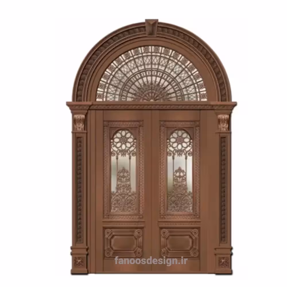 درب ورودی دو لنگه لوکس مدل کلاسیک با پنجره قوسی و نقش‌برجسته برنزی کد 30367