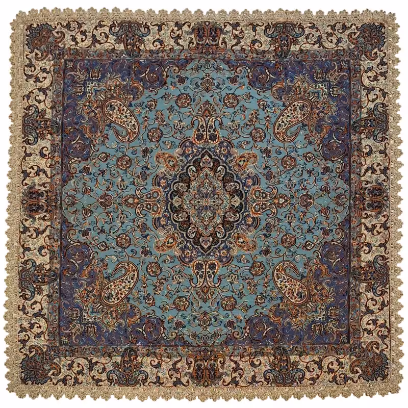 رومیزی کوچک عسلی ترمه نفیس ابریشم کد TRM235 رنگ سبزآبی آستر سبزآبی لبه یراق دوزی