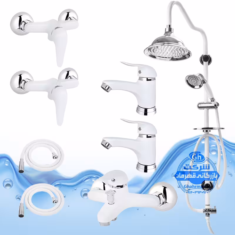 ست 8 عددی شیرآلات برند آیدا صنعت مدل قهرمان اردکی | دو عدد شیر روشویی   حمام   دو عدد توالت   دو عدد شلنگ توالت   علم دوش یونیورست شیپوری | سفید کروم براق