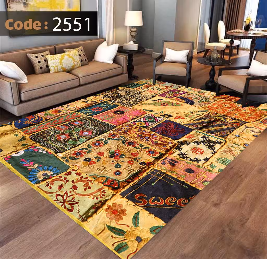 کاورفرش روفرشی دورکشدار گوشه لیفه ای لاکی ، آبی و متنوع کد 2551