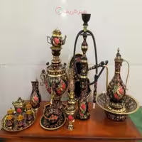 سرویس سماور، آفتابه لگن، قلیان و چایخوری از جنس برنجی با طرح میناکاری