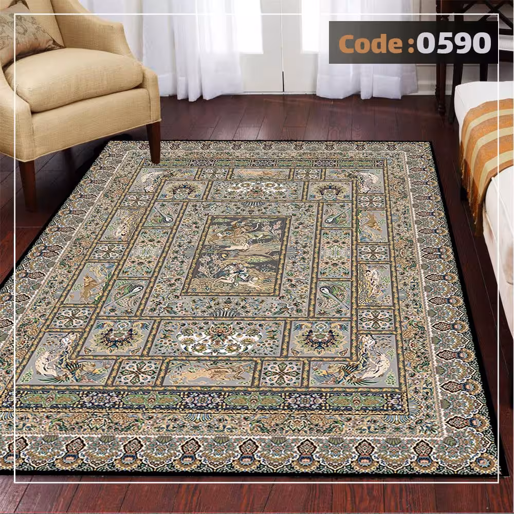 کاورفرش روفرشی دورکشدار گوشه لیفه ای کرم  قهوه ای کد 0590