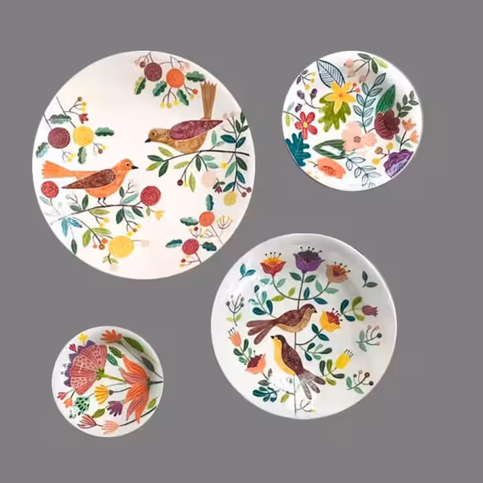بشقاب دیوارکوب سفالی طرح گل و بلبل مجموعه 4 عددی