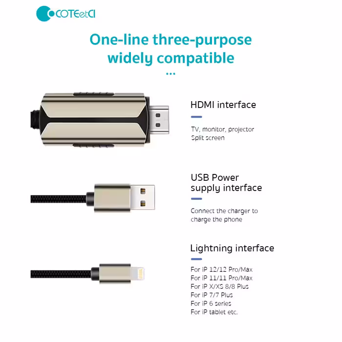 کابل تبدیل HDMI به لایتنینگ/USB کوتتسی مدل 33022 طول 2 متر