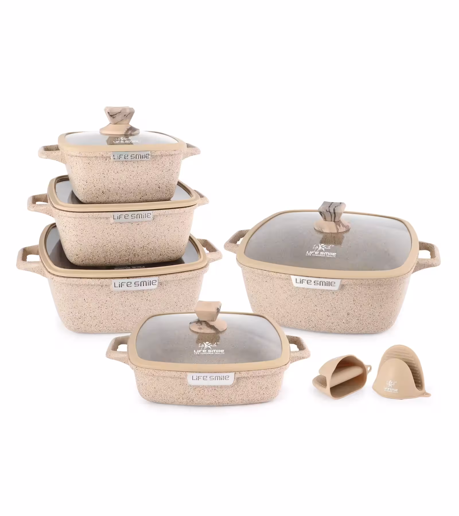 سرویس قابلمه گرانیت-تیتانیوم 12 پارچه مربعی لایف اسمایل رنگ بژ مدل SPHM-S-GL