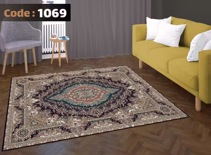 کاورفرش روفرشی دورکشدار گوشه لیفه ای لاکی ، آبی و متنوع کد 1069