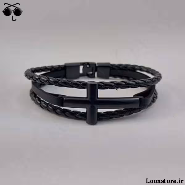 دستبند چرمی صلیب مشکی و نقره ای
