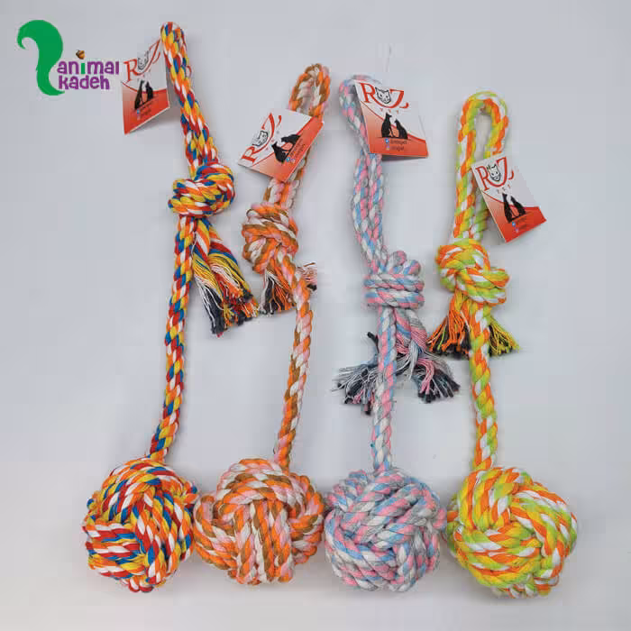 اسباب بازی سگ توپ و طناب کنفی رنگی 27 سانتی