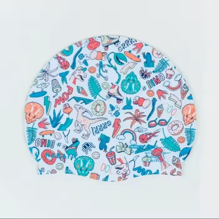 کلاه شنای  نابایجی مدل 2023- سیلیکونی فری سایز -سفید طرح دار جدید- دکتلون فرانسه