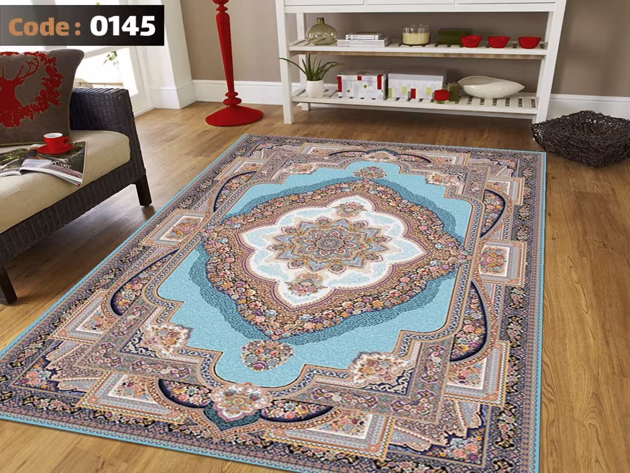 کاورفرش روفرشی دورکشدار گوشه لیفه ای لاکی ، آبی و متنوع کد 0145