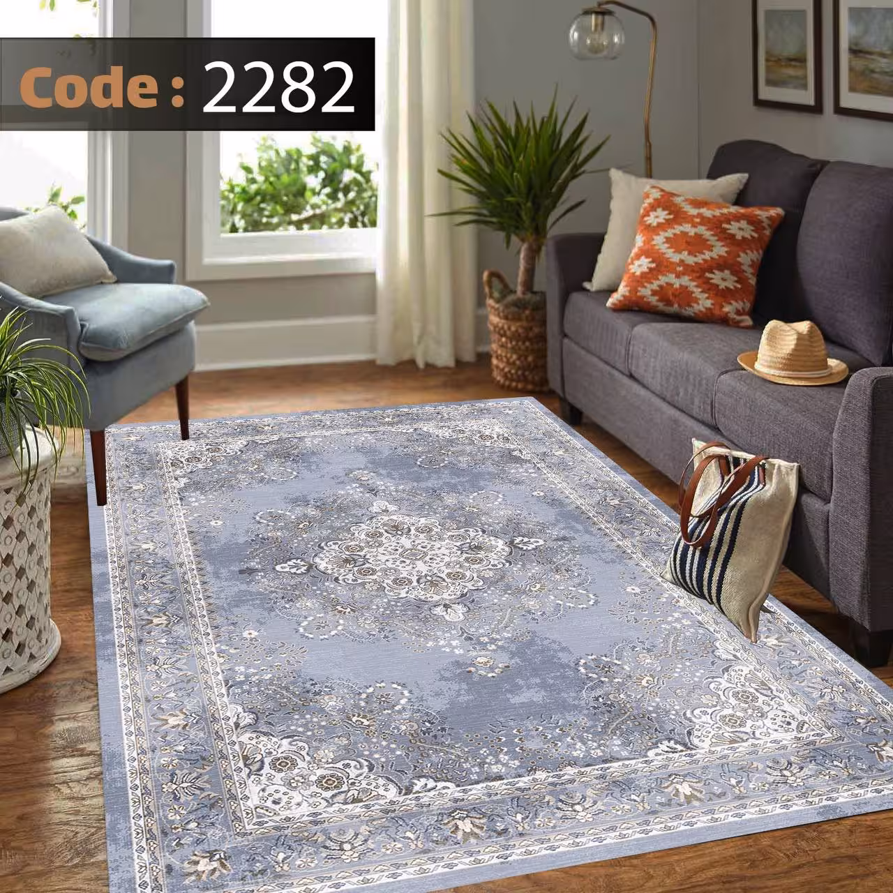 کاورفرش روفرشی دورکشدار گوشه لیفه ای طوسی کرم کد 2282
