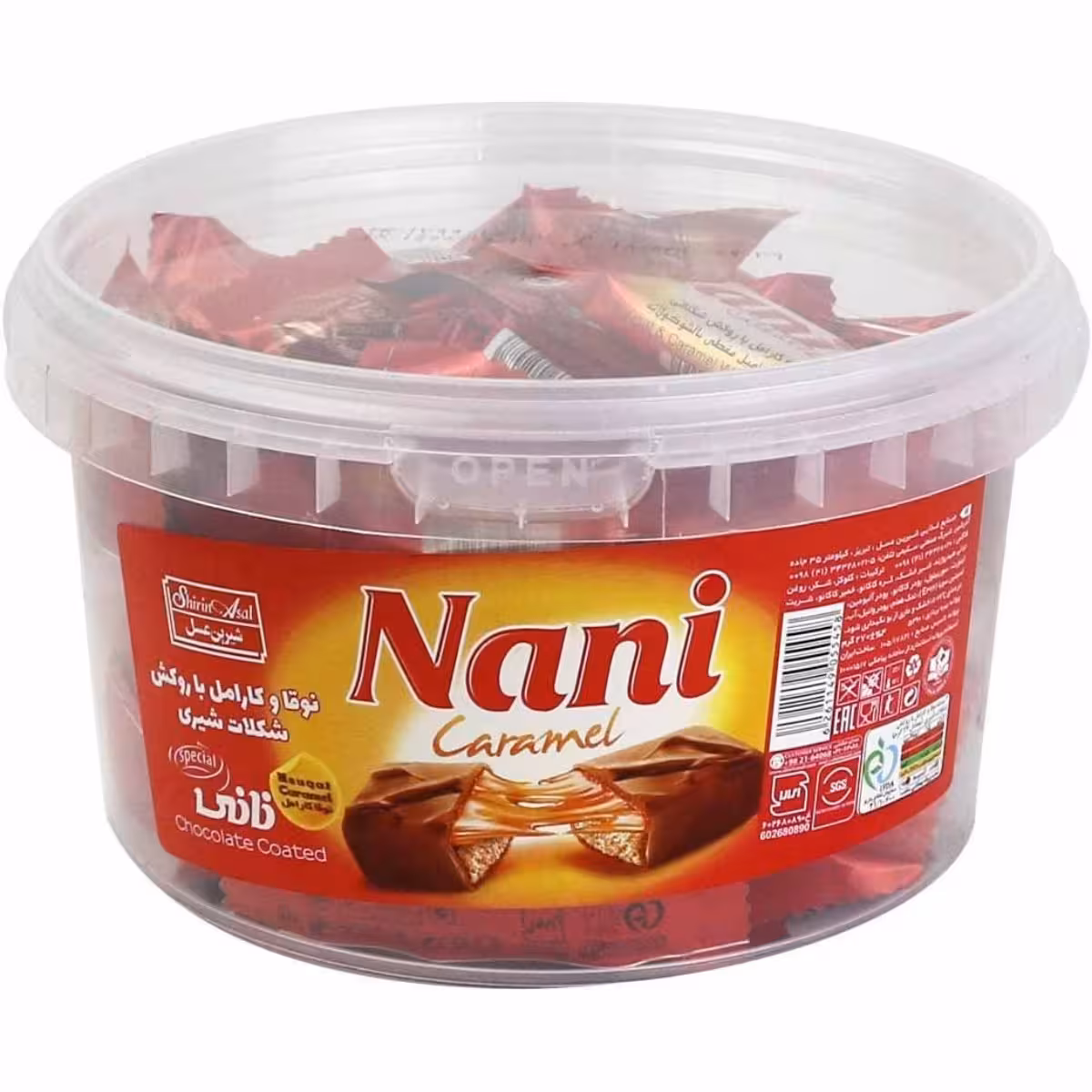 نوقا و کارامل با روکش شکلات شیری نانی شیرین عسل سطلی 270 گرمی