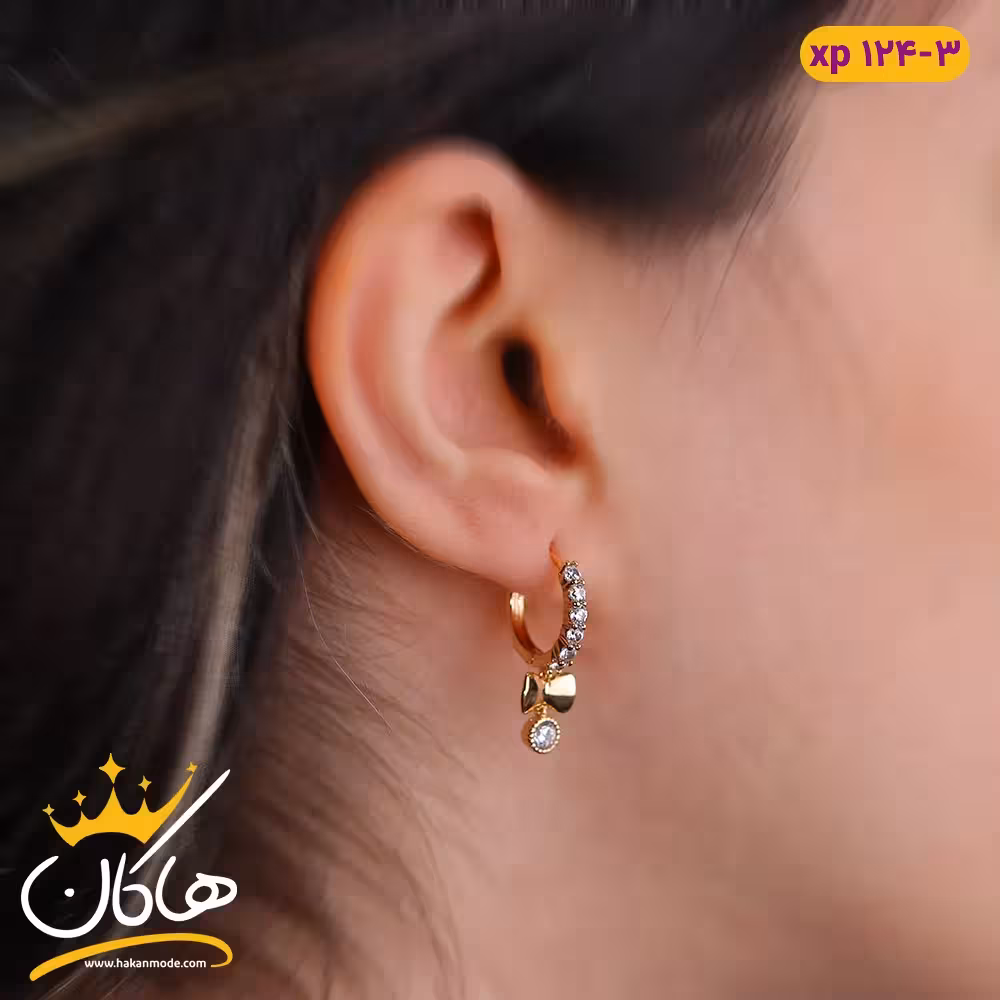گوشواره حلقه ای پاپیون نگین آویز |xp124/3