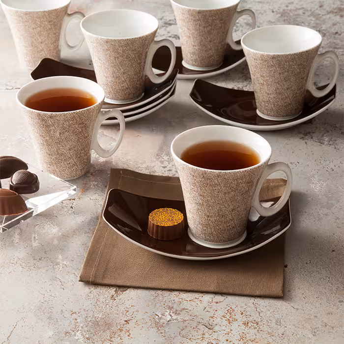 سرویس چینی 12 پارچه 6 نفره چای خوری تکسچر قهوه ای